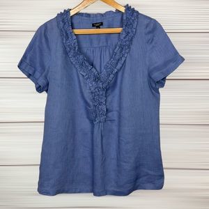 Talbots 100% Linen Ruffle Details Top Blouse V-neck Lavender Blue Short Sleeves